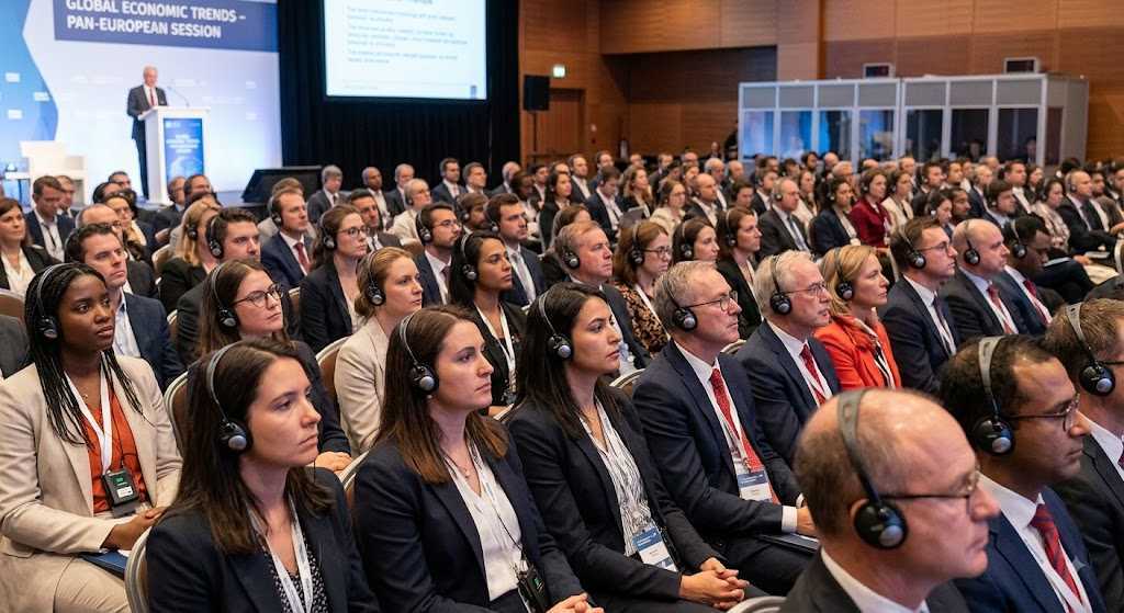 Congreso con servicio de traducción simultánea: asistentes escuchando con receptores y diadema